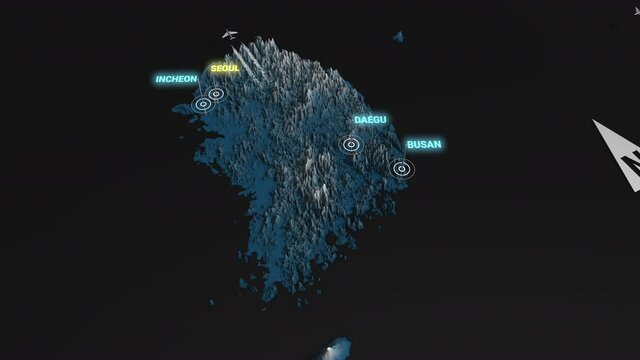 Seamless looping animation of the 3d terrain map at nighttime of South Korea with the capital and the biggest cites in 4K resolution