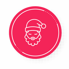 White line Santa Claus hat and beard icon isolated on white background. Merry Christmas and Happy New Year. Red circle button. Vector