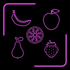 FRUITS set neon sign, modern glowing banner design, colorful modern design trends on black background. Vector illustration.