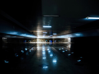 Abstract defocused view of underground passage tunnel in city center of Baku
