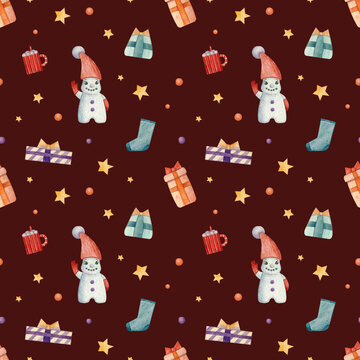 christmas watercolor seamless pattern with little cute elements: snowman with a winter santa hat, stars, gifts, confetti, socks, cup with cocoa and marshmallow. textile, gift wrapping paper, post card