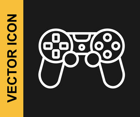 White line Game controller or joystick for game console icon isolated on black background. Vector