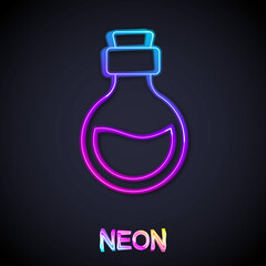 Glowing neon line Glass bottle with magic elixir icon isolated on black background. Computer game asset. Vector