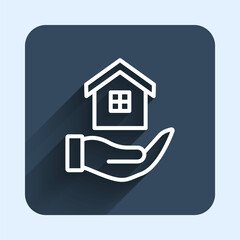 White line House in hand icon isolated with long shadow background. Insurance concept. Security, safety, protection, protect concept. Blue square button. Vector