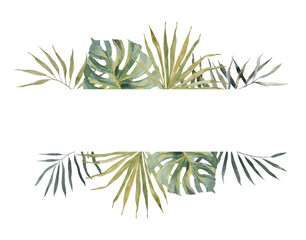 Watercolor hand painted lush banner pattern with green tropical leaves and branches of monstera and palm. On white background. For summer floral design, wedding invitation, save date or greeting card.