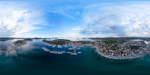 360-degree seamless HDRI panorama from a bird's-eye view. Marina Frapa, Rogoznica, Croatia. Beautiful yachts, catamarans and sailing ships in the Marina in the early morning. Travel VR-content
