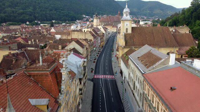 Brasove, Romania, July, 17th, 2021. Aerial view of Brasove City Streets and the main square. 