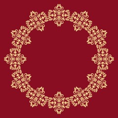 Antique round pattern. Gold lace border on red background. Place for text. Gold, red. Ornament for decoration of cards and invitations.	