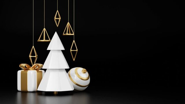 Merry christmas animation. White Xmas tree Rotating with Hanging gold Christmas evening decoration elemets with gift and ball on the holiday black background. Looped motion 3d render video animation.