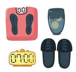 Set of good morning and self-care. Morning routine. Good habits for every day. Weight tracking, a glass of water, an alarm clock and comfortable slippers. Vector flat illustration in cartoon style