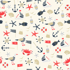 seamless vector pattern in nautical style, illustration in doodle style