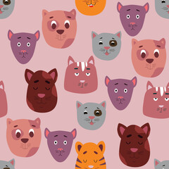 Seamless pattern with cute cats. Creative childish texture on a beige background. Stock vector illustration for textile, fabric, paper, cards and print.