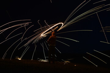 Iron wool circle drawing light fireworks. Burning Steel Wool spinning, Trajectories of burning...