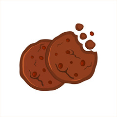 Two dark chocolate chip cookies icon of chocolate cake on white background. Flat cookie icon vector illustration. Bitten cookies silhouette or logo. Round browne biscuit symbol isolated on white