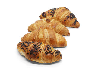 Classic croissants and chocolate croissants with chocolate sprinkles isolated on white background