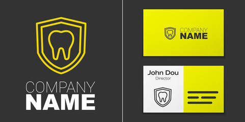 Fototapeta na wymiar Logotype line Dental protection icon isolated on grey background. Tooth on shield logo. Logo design template element. Vector