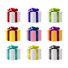 Set of square holiday boxes with colorful bows. Vector design elements.