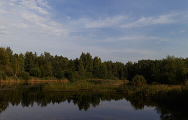 Fototapeta na wymiar Lake in Moscow oblast, central Russia. Blue sky with curly clouds