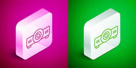 Isometric line Presentation, movie, film, media projector icon isolated on pink and green background. Silver square button. Vector