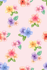 Watercolor multicolored floral pattern with pink background