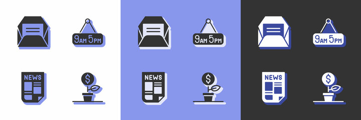 Set Dollar plant, Envelope, News and From 9 to 5 job icon. Vector