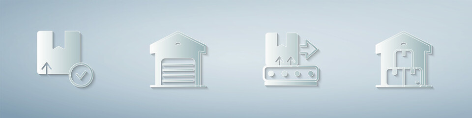 Set Carton cardboard box, Warehouse, Conveyor belt with and Full warehouse. Paper art style. Vector