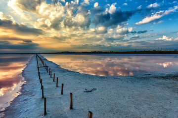 Fototapeta premium A dam of salt crystals separates the lakes