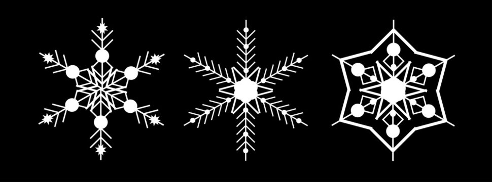 Set white snowflake on a black background. Decor for Christmas and New Year design of cards, banners, websites, icons. Elegant geometric vector linear illustration
