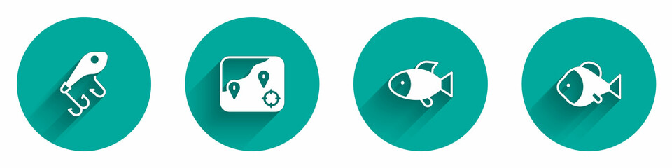 Set Fishing lure, Location fishing, and icon with long shadow. Vector
