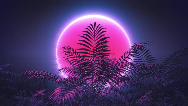 Retro wave , vaporwave style background. Bright glowing pink, magenta sun above water surface. Reflections and waves. Palm tree leaves silhouettes on the front. Tropical plants. 4K 3D Render animation