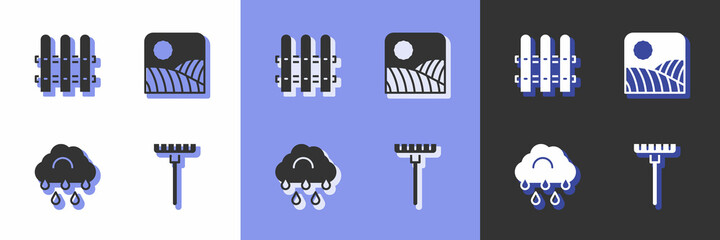 Set Garden rake, fence wooden, Cloud with rain and Agriculture wheat field farm icon. Vector