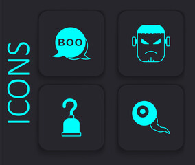 Set Eye, Boo speech bubble, Frankenstein face and Pirate hook icon. Black square button. Vector