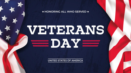 Fototapeta na wymiar USA Veterans day greeting card with realistic United States national flag on brush stroke background. Vector illustration.