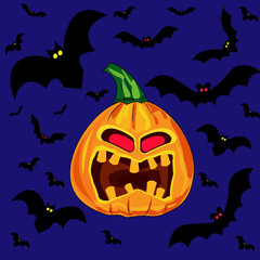 scary pumpkin with red eyes, bats on a blue background