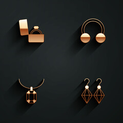 Set Diamond engagement ring in box, Piercing, Pendant necklace and Earrings icon with long shadow. Vector