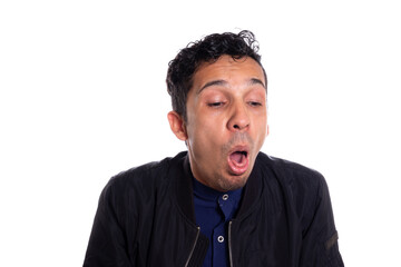 Disgusted man retching with vomit. White background. Young adult latin young man about to vomit from disgust. Face expressions. - obrazy, fototapety, plakaty