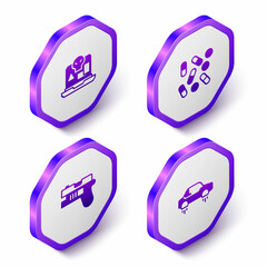 Set Isometric Internet piracy, Medical pill biohacking, Futuristic weapon and Fantastic flying car icon. Purple hexagon button. Vector