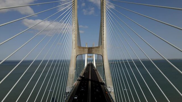 Portugal, Lisbon, Vasco da Gama bridge, Tagus river, summer, aerial drone footage