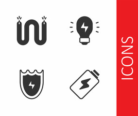 Set Battery charge, Electric cable, Lightning and shield and Creative lamp light idea icon. Vector