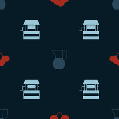 Set Cloud with rain, Jug glass water and Well on seamless pattern. Vector
