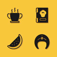 Set Bowl of hot soup, Fish steak, Watermelon and Cookbook icon with long shadow. Vector