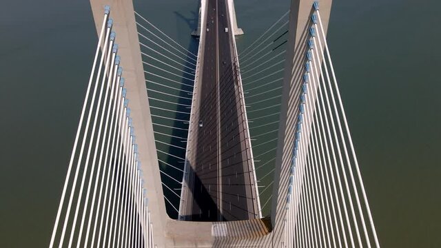 Portugal, Lisbon, Vasco da Gama bridge, Tagus river, summer, aerial drone footage