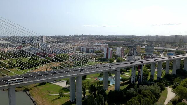 Portugal, Lisbon, Vasco da Gama bridge, Tagus river, summer, aerial drone footage