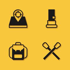 Set Hunt place, Burning match with fire, Hiking backpack and Cartridges icon with long shadow. Vector