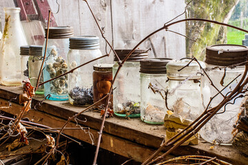 Still life, glass jars with metal lids on wooden windowsill against window in rural house, herbs, natural light
