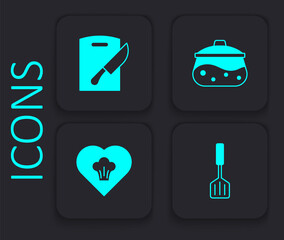 Fototapeta premium Set Spatula, Cutting board and knife, Cooking pot and Chef hat icon. Black square button. Vector