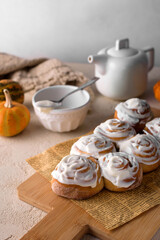 cinnabons bakery with cream on the table 