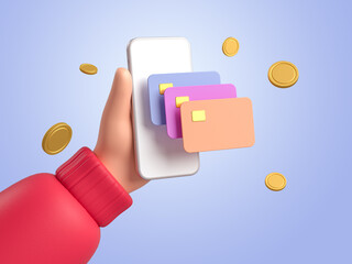 Hand holding Mobile phone with credit card on a isolated blue background. Concept of online payment, digital invoice and paycheck. Realistic mockup of smartphone with blank display. 3d render