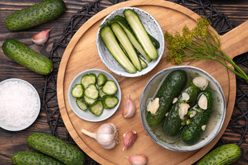 Pickled cucumbers salad in a bowls, healthy probiotic food