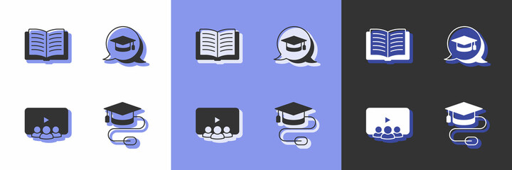 Set Graduation cap with mouse, Open book, Online class and speech bubble icon. Vector